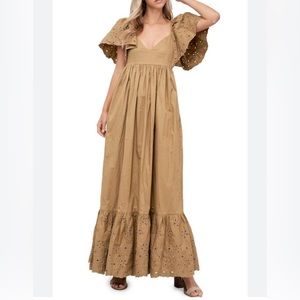 Brown En Saison Eyelet Detail Flutter Sleeve Poplin Dress